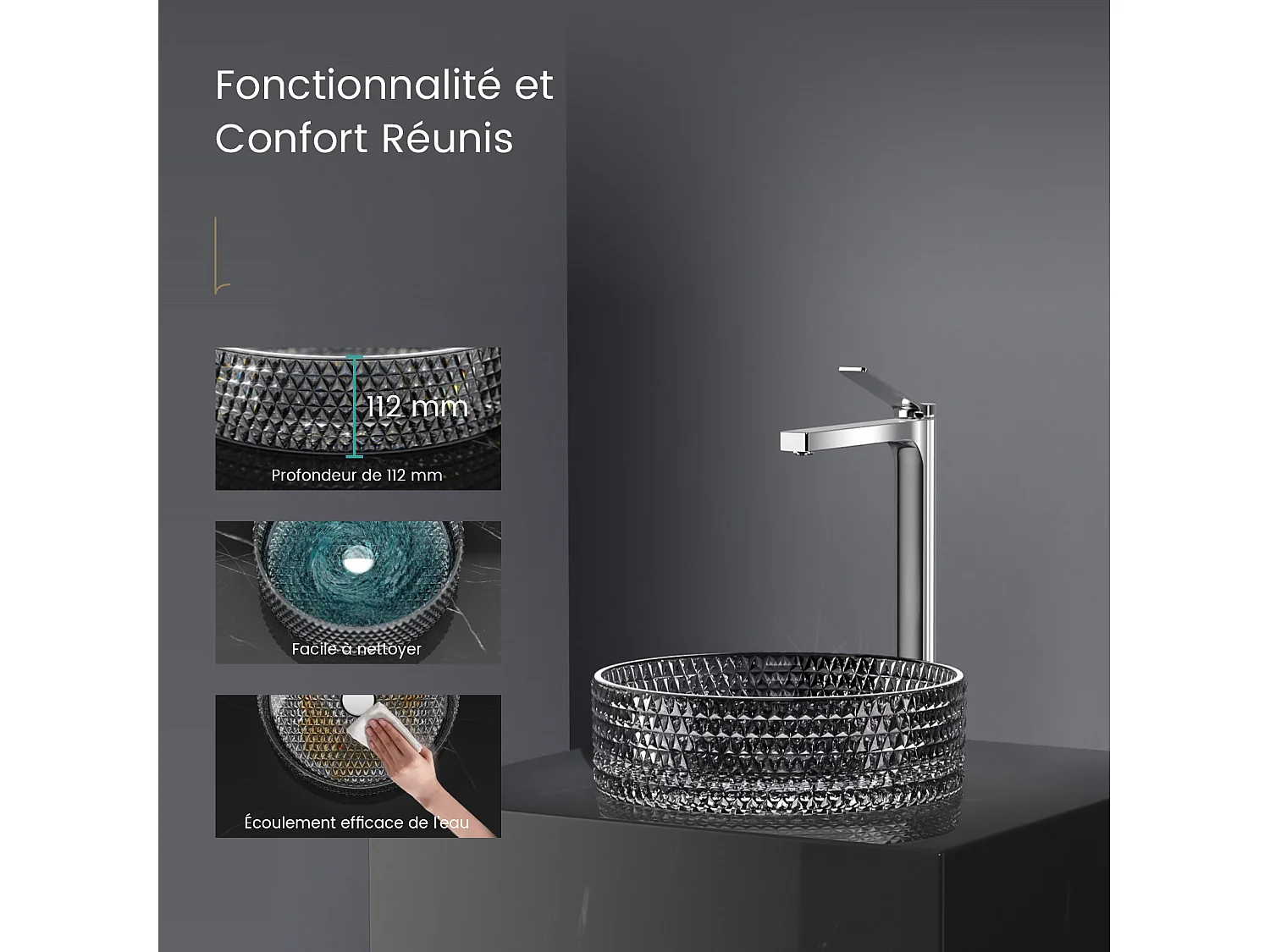 EMKE Lavabo in Vetro Nero da Appoggiare su Piano | 360 x 360 x 112 mm - Design Moderno