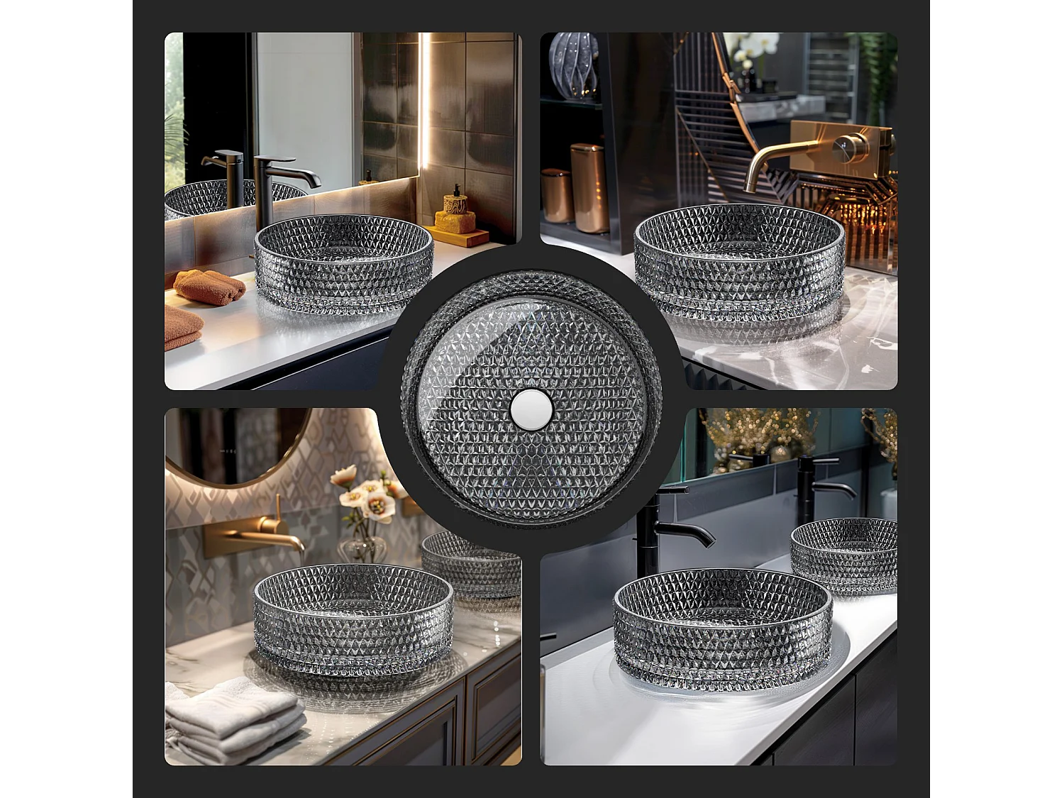EMKE Lavabo in Vetro Nero da Appoggiare su Piano | 360 x 360 x 112 mm - Design Moderno