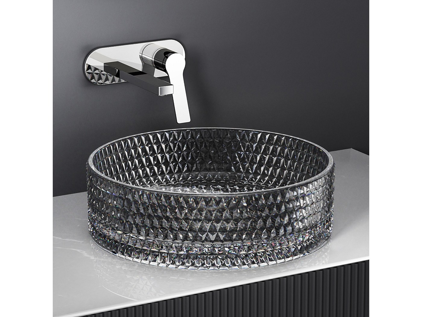 EMKE Halfronde wastafel, 303 x 255 x 120 mm, hangende wandmontage, keramische wastafel voor gastentoilet en badkamer, modern design, grijsblauw mat