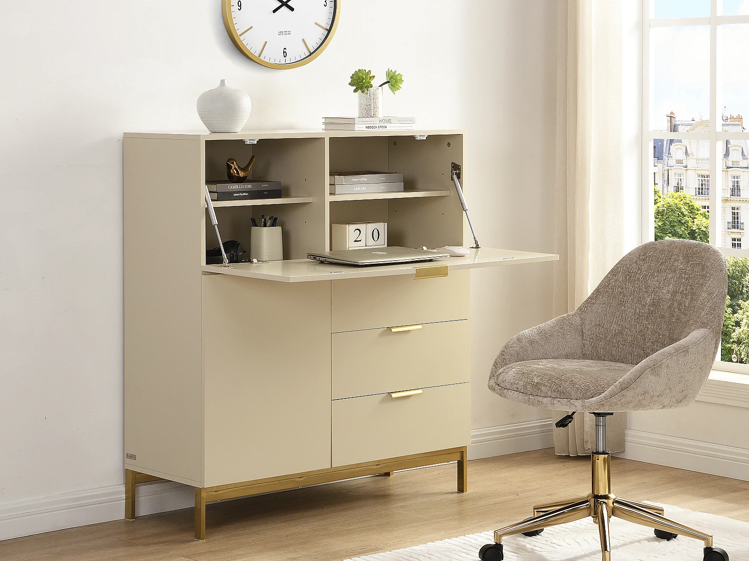 Secrétaire avec 2 porte et 3 tiroirs - MDF et métal - Beige - ERWIN