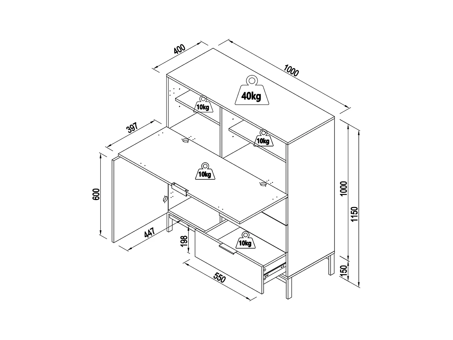 Sekretær med 2 låger og 3 skuffer - MDF og metal - Beige - ERWIN