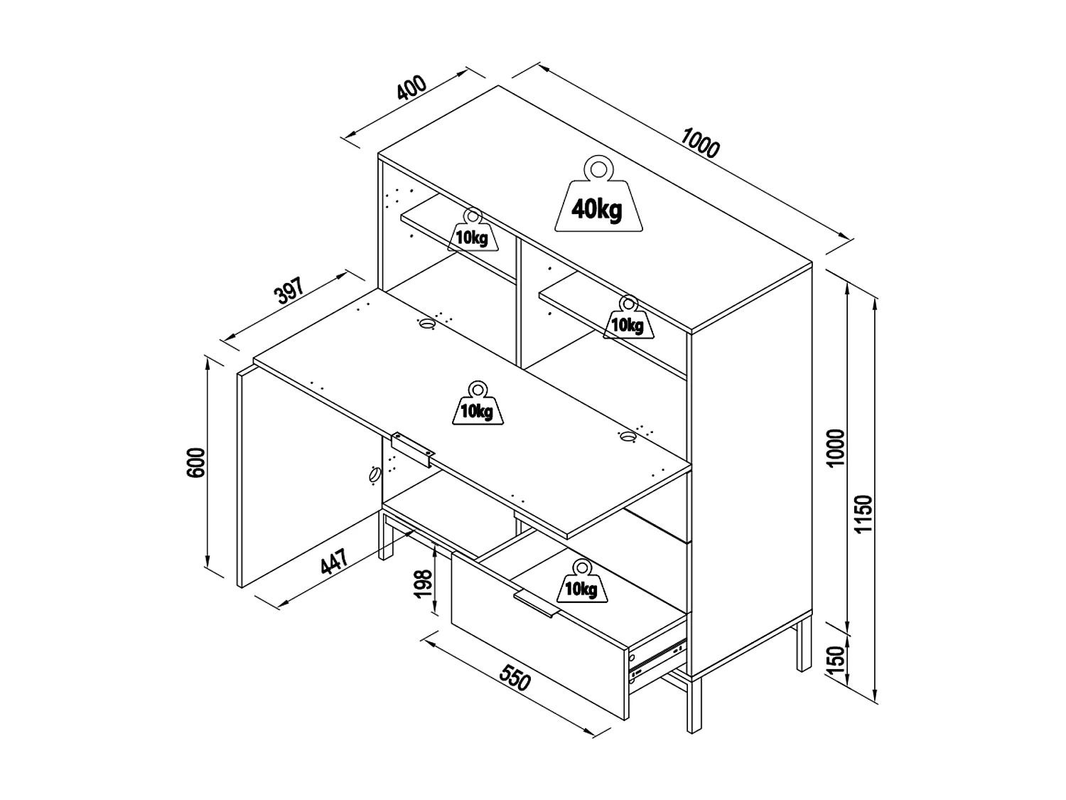 Secrétaire avec 2 porte et 3 tiroirs - MDF et métal - Beige - ERWIN
