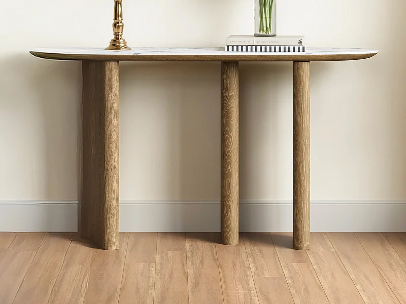 Console en céramique et MDF - Naturel et effet marbre blanc - MODREYO