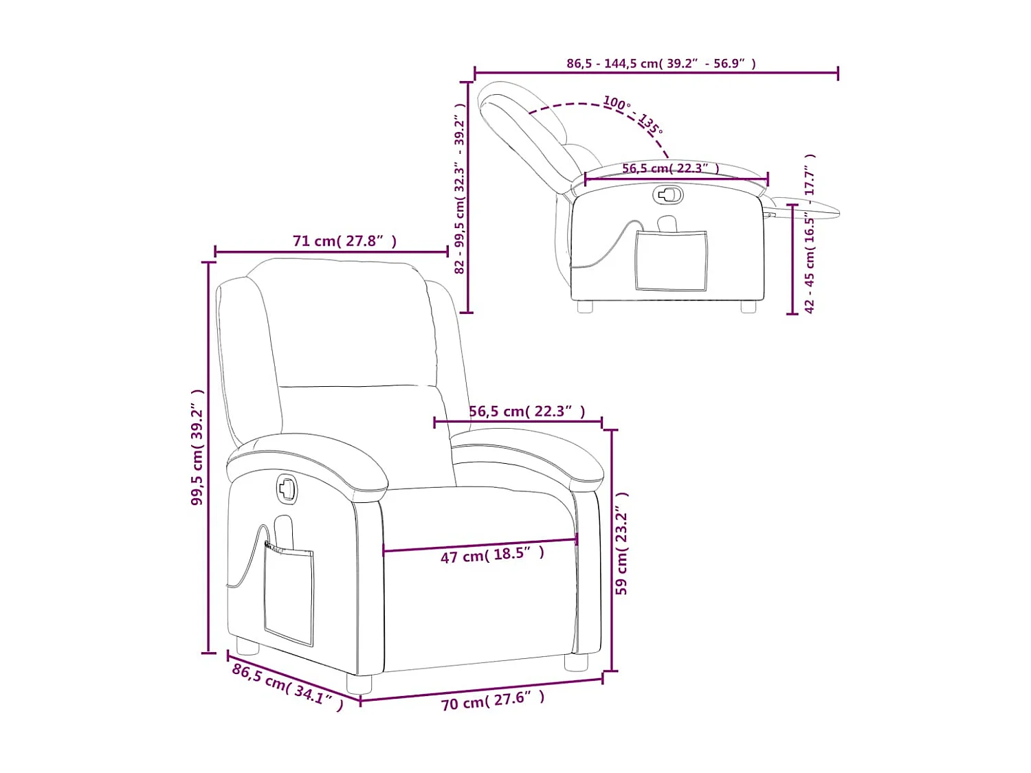 Sillón reclinable de masaje cuero auténtico gris