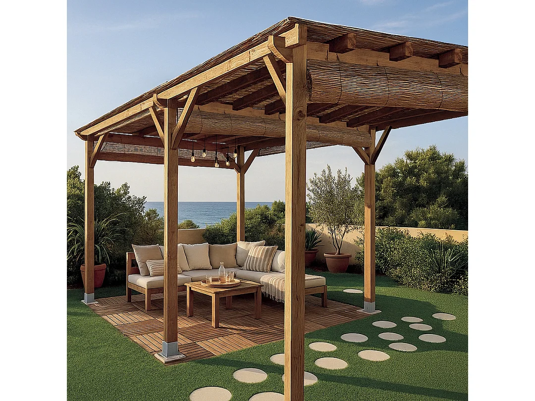 KIT PÉRGOLA MADERA 4X3.6X2.4 M + POSTES 12X12 NORTENE