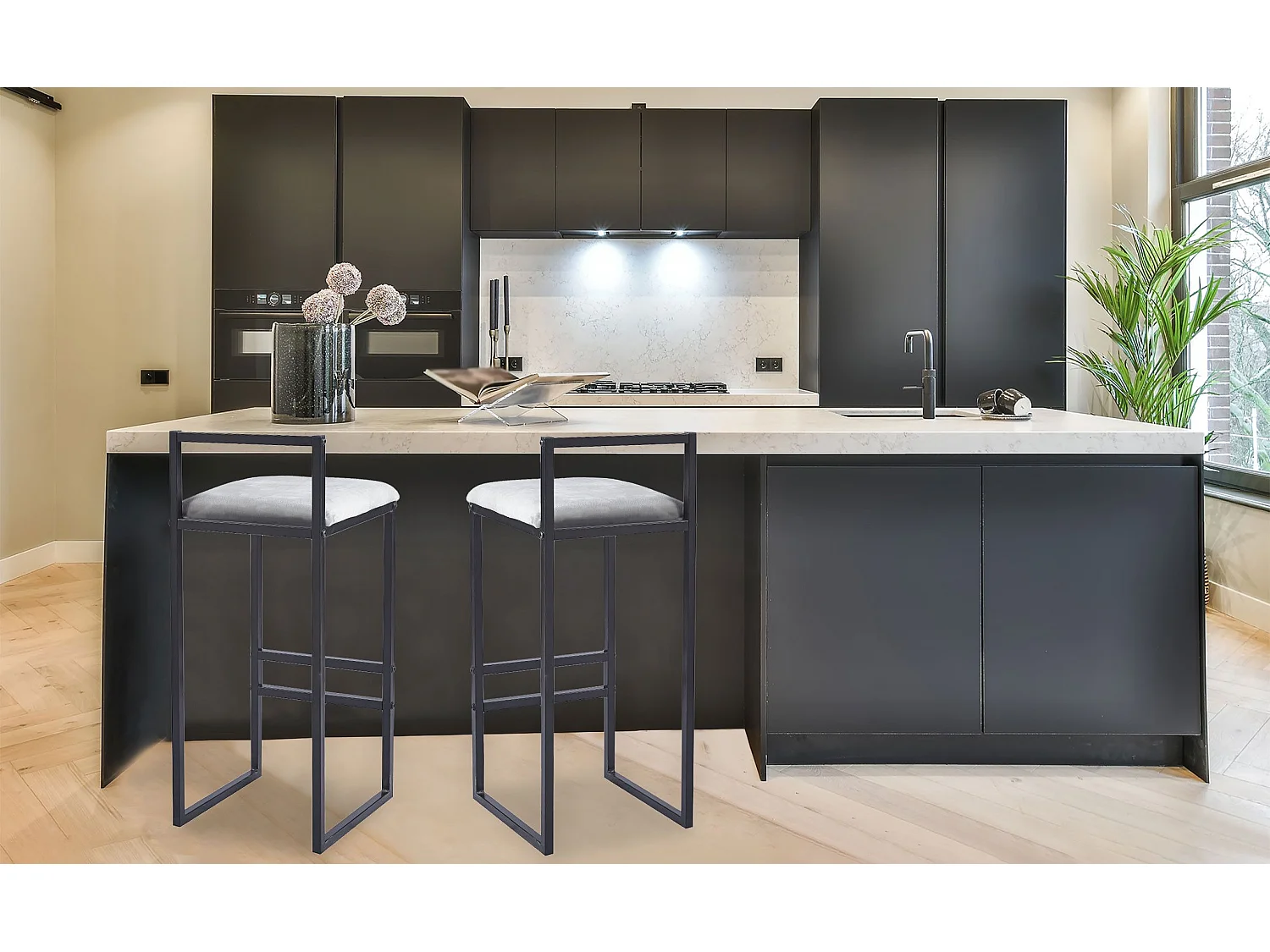 Tabouret de bar en métal Drakkar Noir et Velours Gris