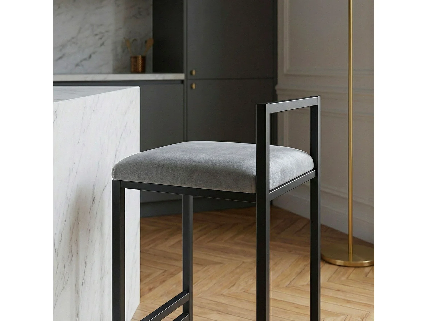 Tabouret de bar en métal Drakkar Noir et Velours Gris