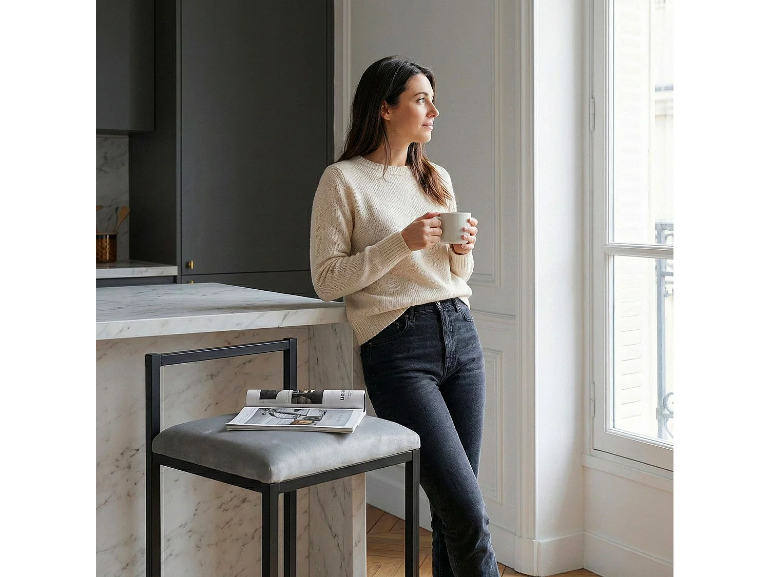 Tabouret de bar en métal Drakkar Noir et Velours Gris