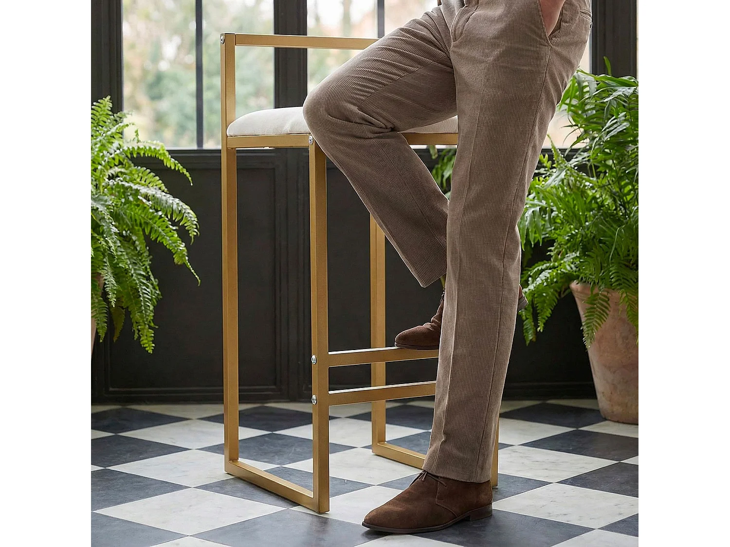 Tabouret de bar en métal Drakkar Or et Velours Crème