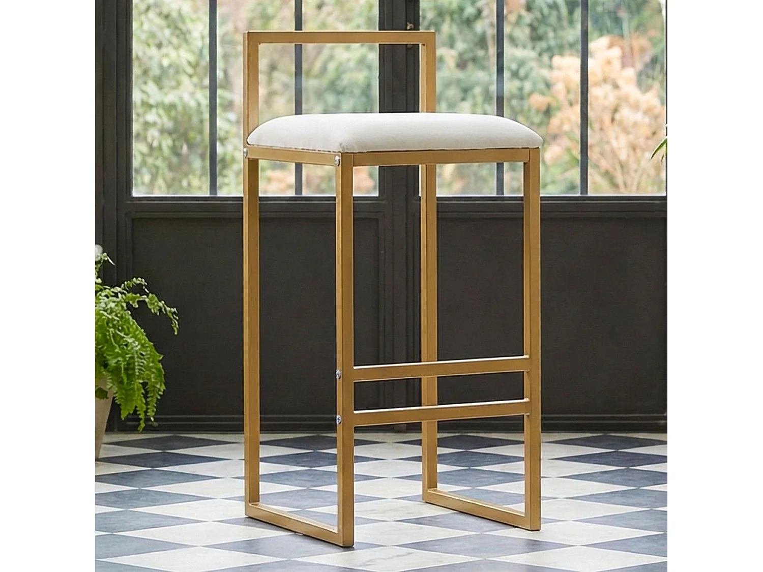 Tabouret de bar en métal Drakkar Or et Velours Crème