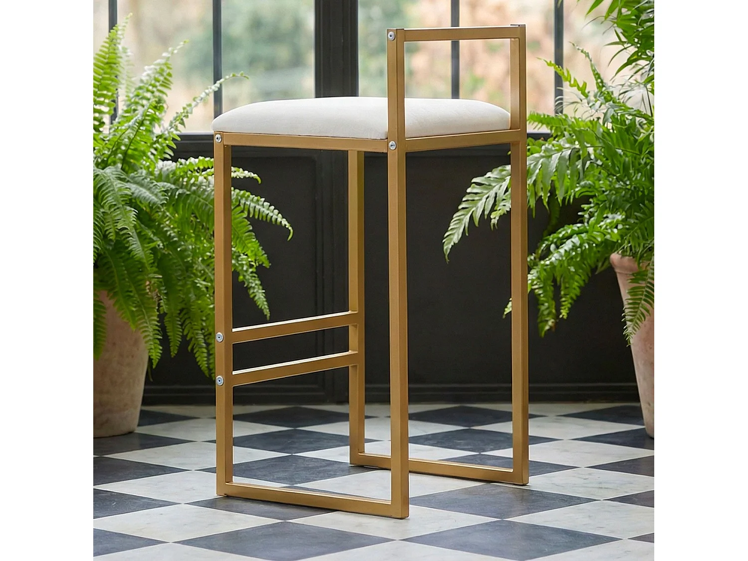 Tabouret de bar en métal Drakkar Or et Velours Crème