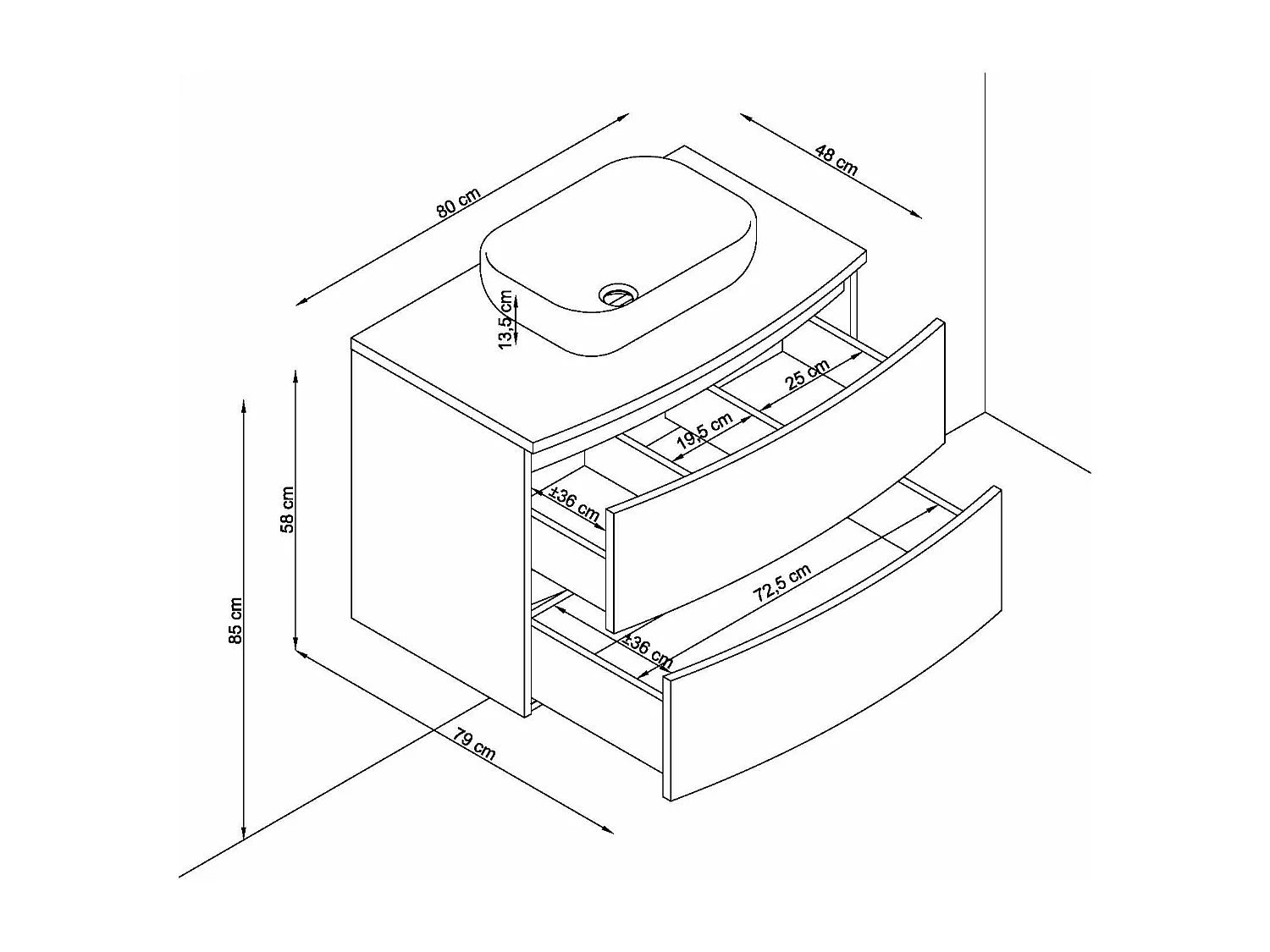 Meuble de salle de bain KIVE 2 tiroirs 80 cm chêne T-BATH Inclus lavabo