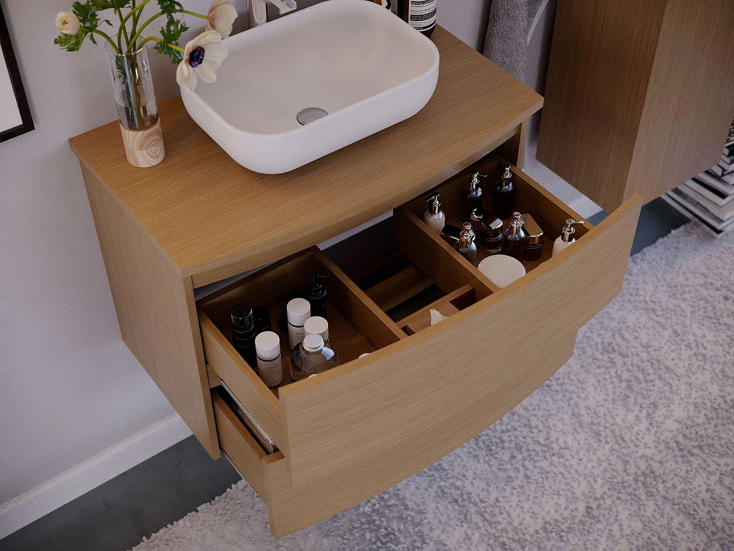 Meuble de salle de bain KIVE 2 tiroirs 80 cm chêne T-BATH Inclus lavabo