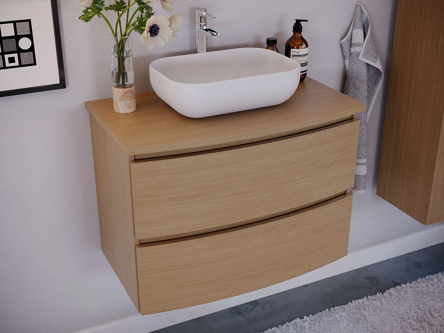 Meuble de salle de bain KIVE 2 tiroirs 80 cm chêne T-BATH Inclus lavabo