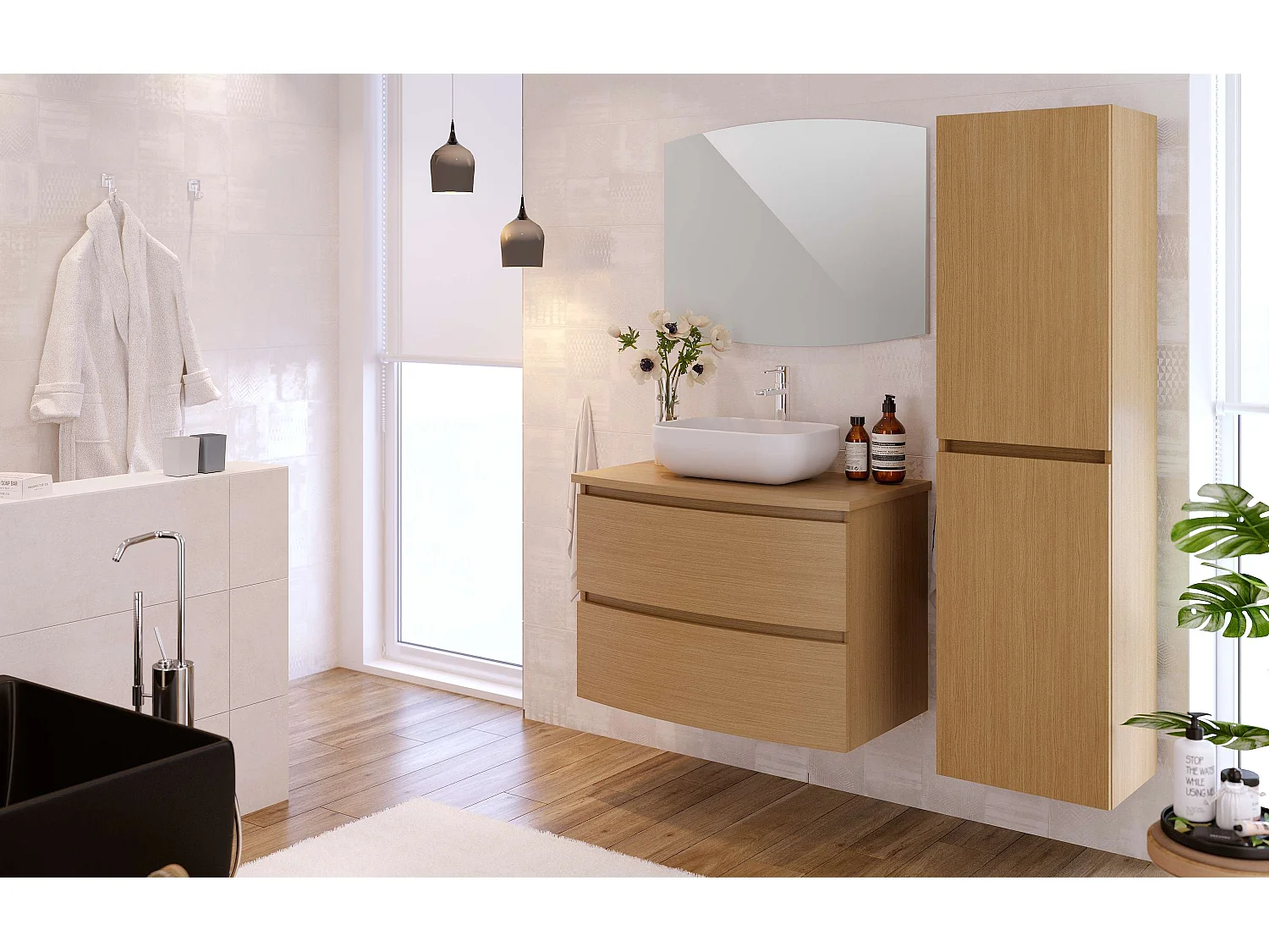 Meuble de salle de bain KIVE 2 tiroirs 80 cm chêne T-BATH Inclus lavabo