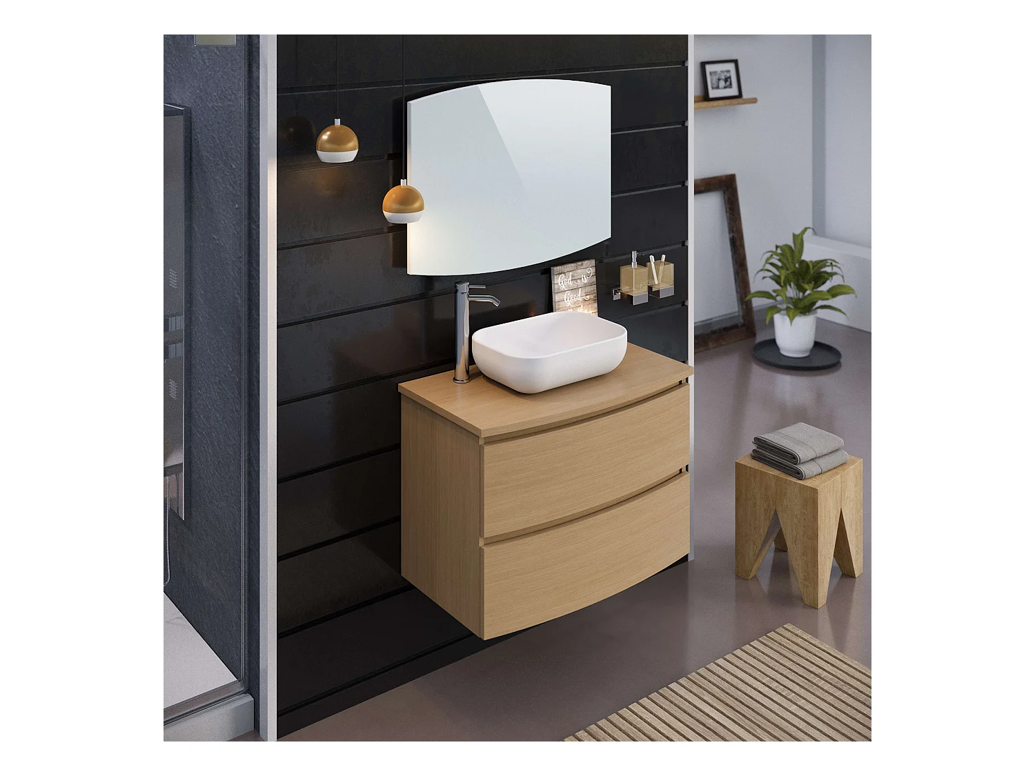 Meuble de salle de bain KIVE 2 tiroirs 80 cm chêne T-BATH Inclus lavabo