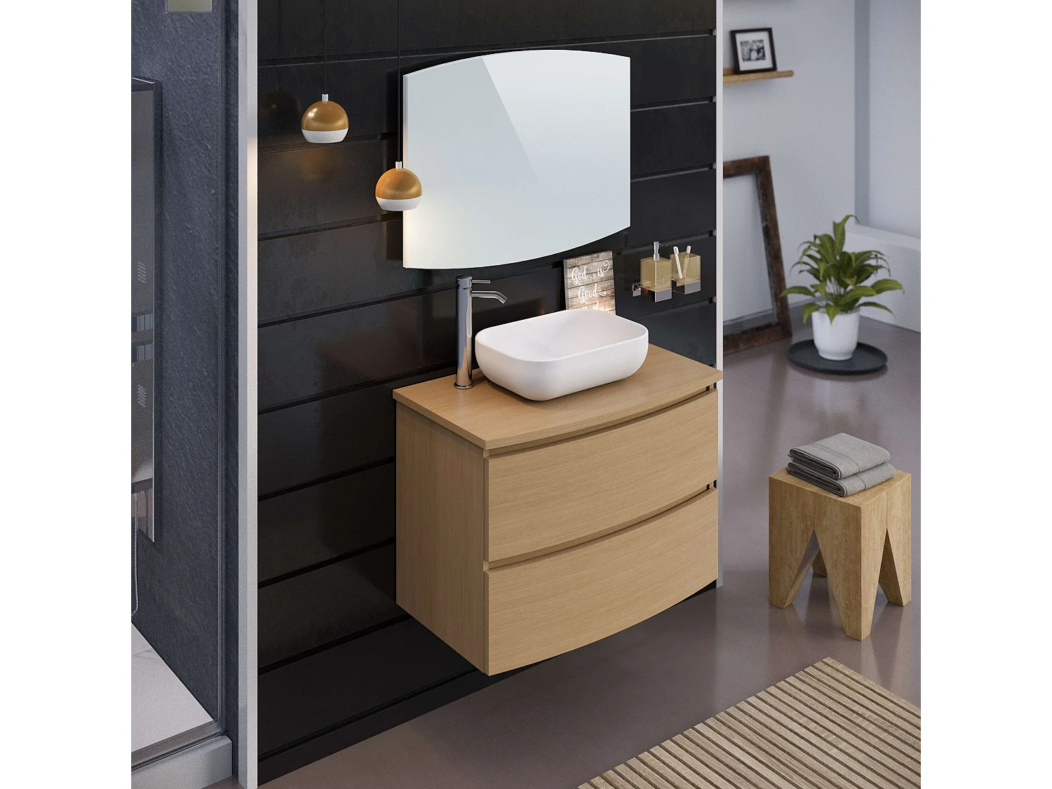 Meuble de salle de bain KIVE 2 tiroirs 80 cm chêne T-BATH Inclus lavabo