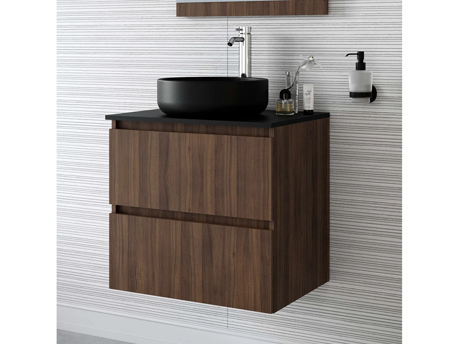 Meuble de salle de bain ORON 2 tiroirs 60 cm noyer T-BATH Inclus lavabo