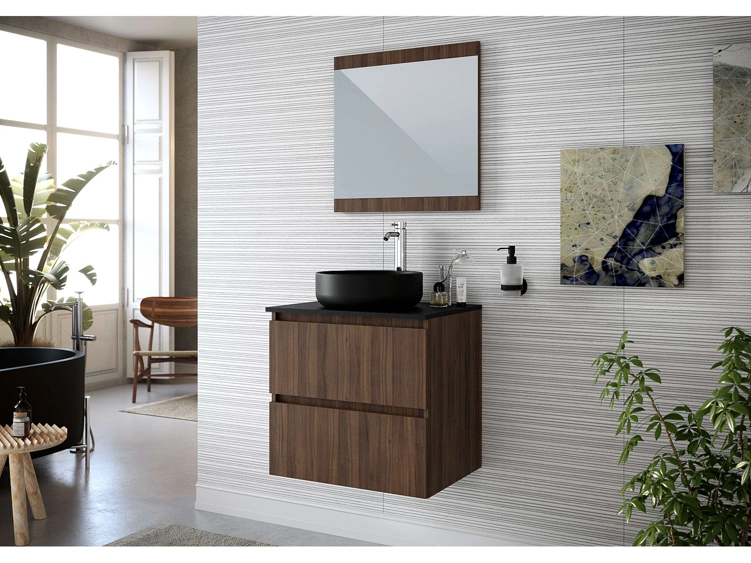 Meuble de salle de bain ORON 2 tiroirs 60 cm noyer T-BATH Inclus lavabo