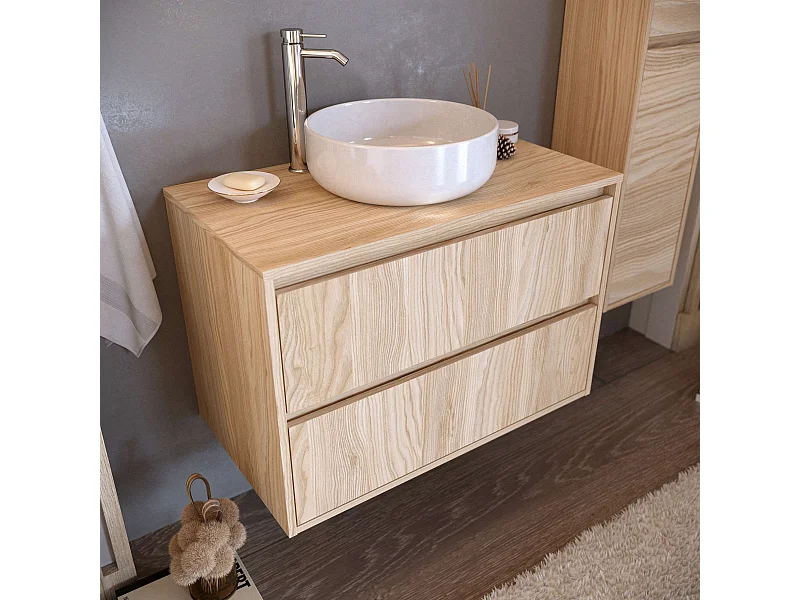 Meuble de salle de bain DINEY 2 tiroirs 80 cm orme T-BATH Inclus lavabo