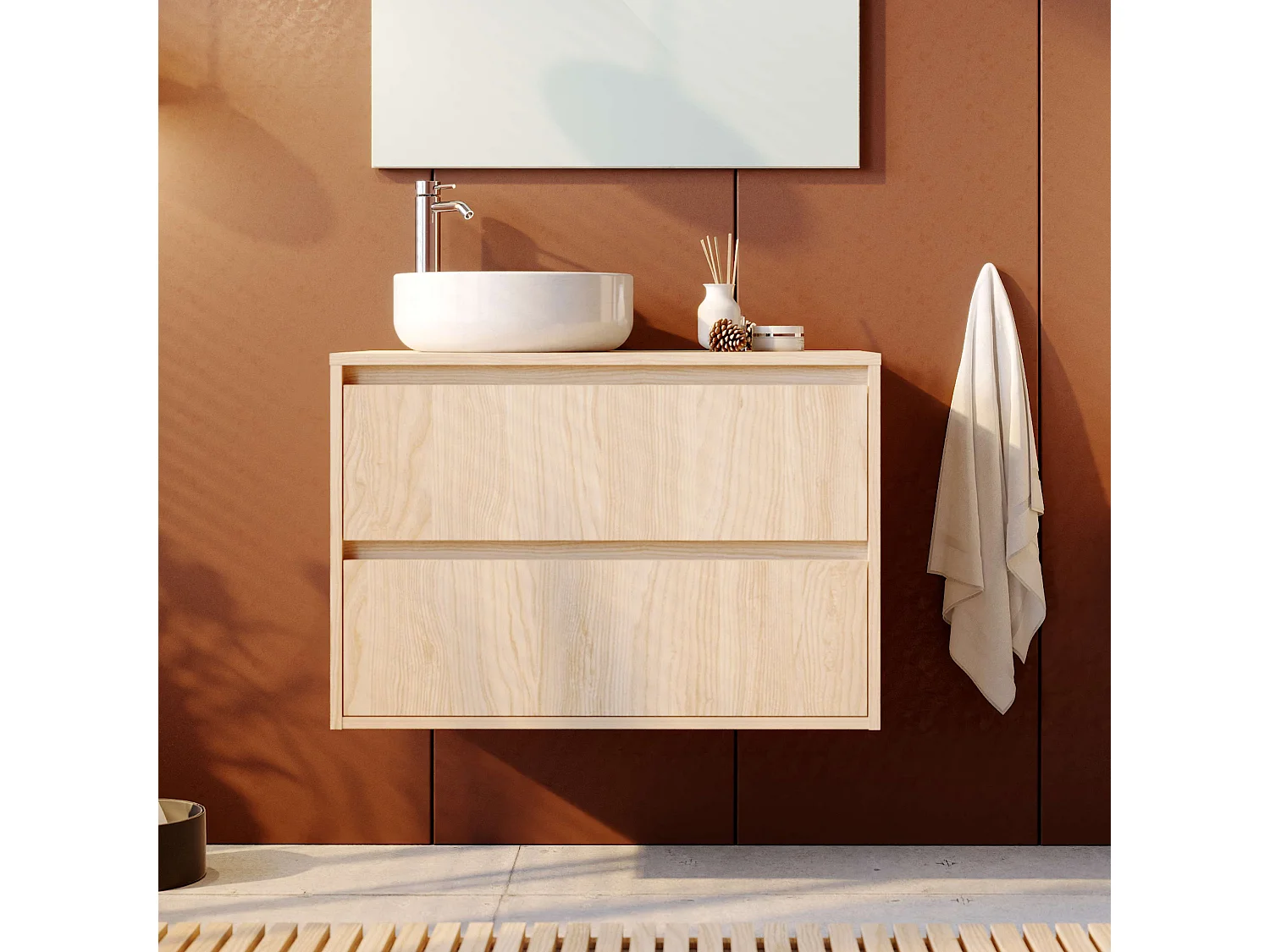 Meuble de salle de bain DINEY 2 tiroirs 80 cm orme T-BATH Inclus lavabo
