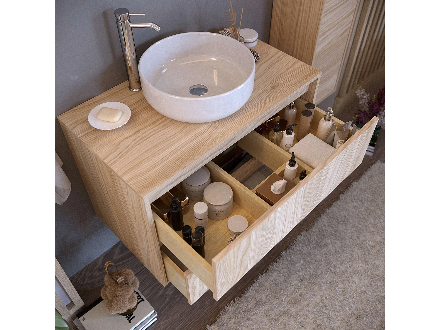 Meuble de salle de bain DINEY 2 tiroirs 80 cm orme T-BATH Inclus lavabo