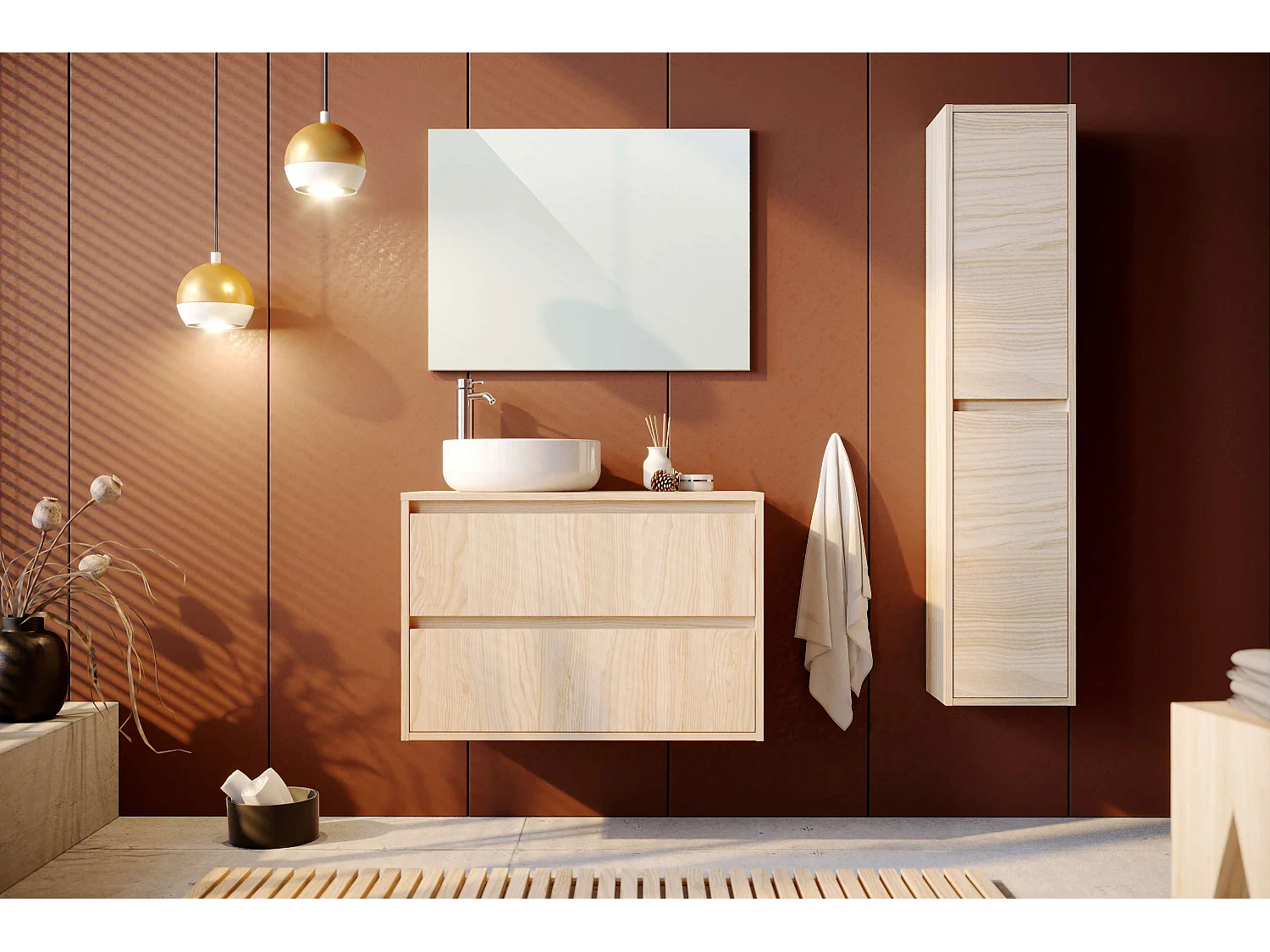 Meuble de salle de bain DINEY 2 tiroirs 80 cm orme T-BATH Inclus lavabo