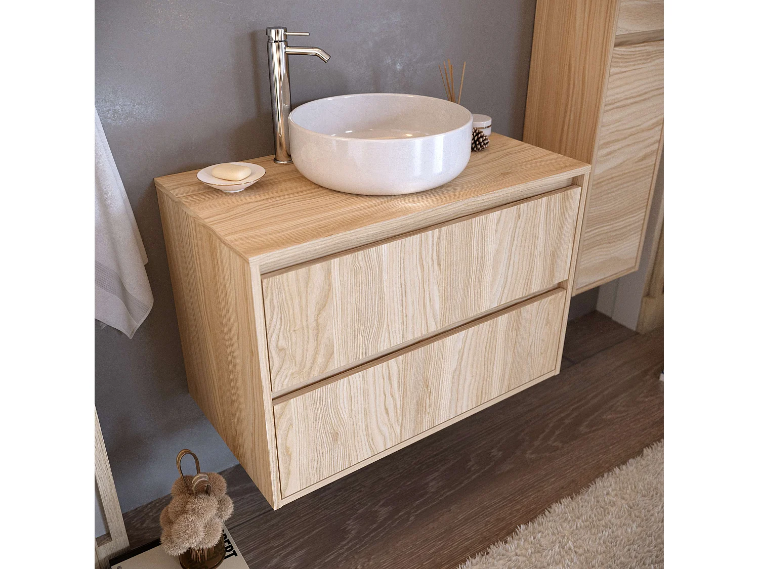 Meuble de salle de bain DINEY 2 tiroirs 80 cm orme T-BATH Inclus lavabo