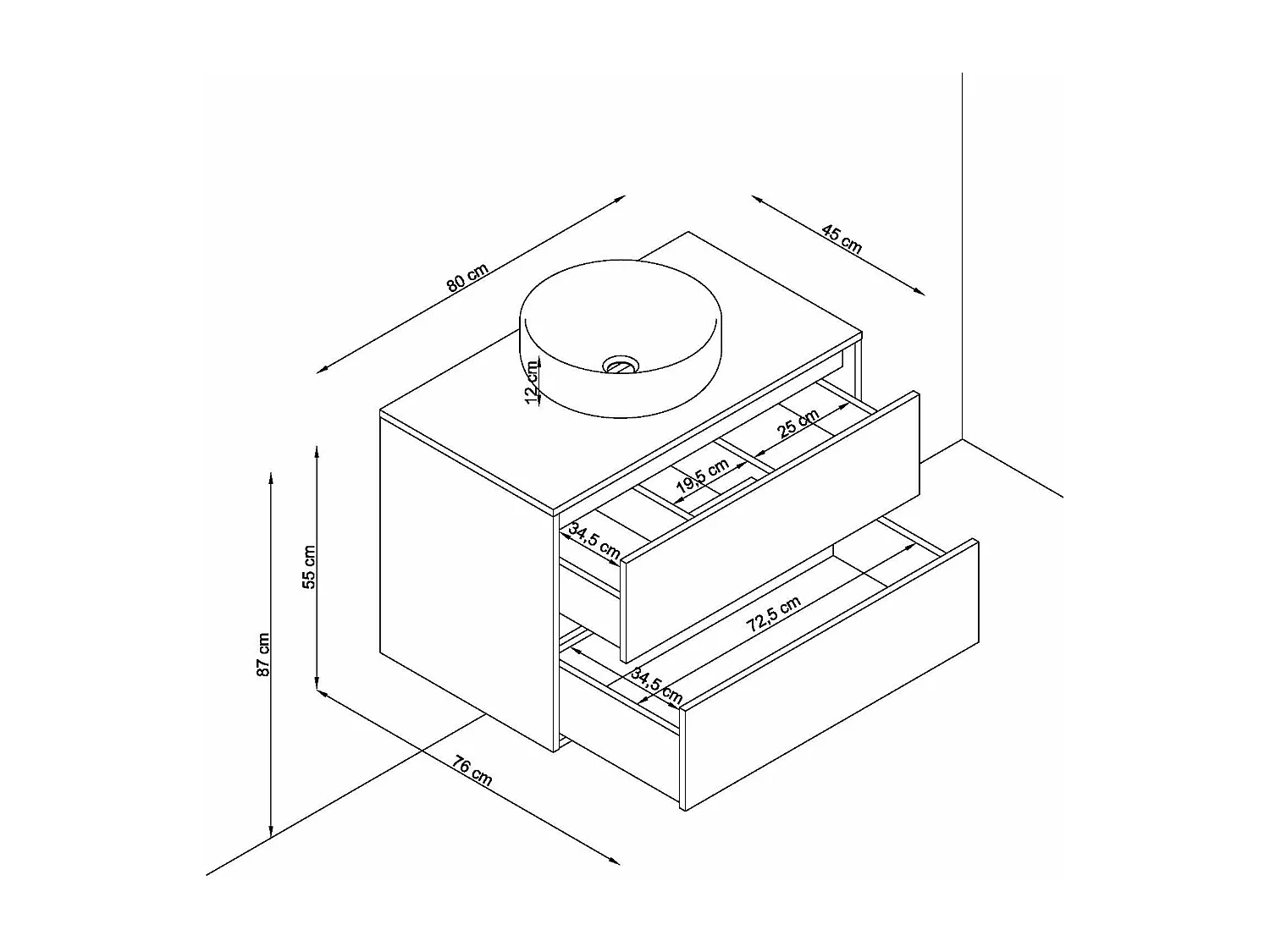 Meuble de salle de bain DINEY 2 tiroirs 80 cm orme T-BATH Inclus lavabo