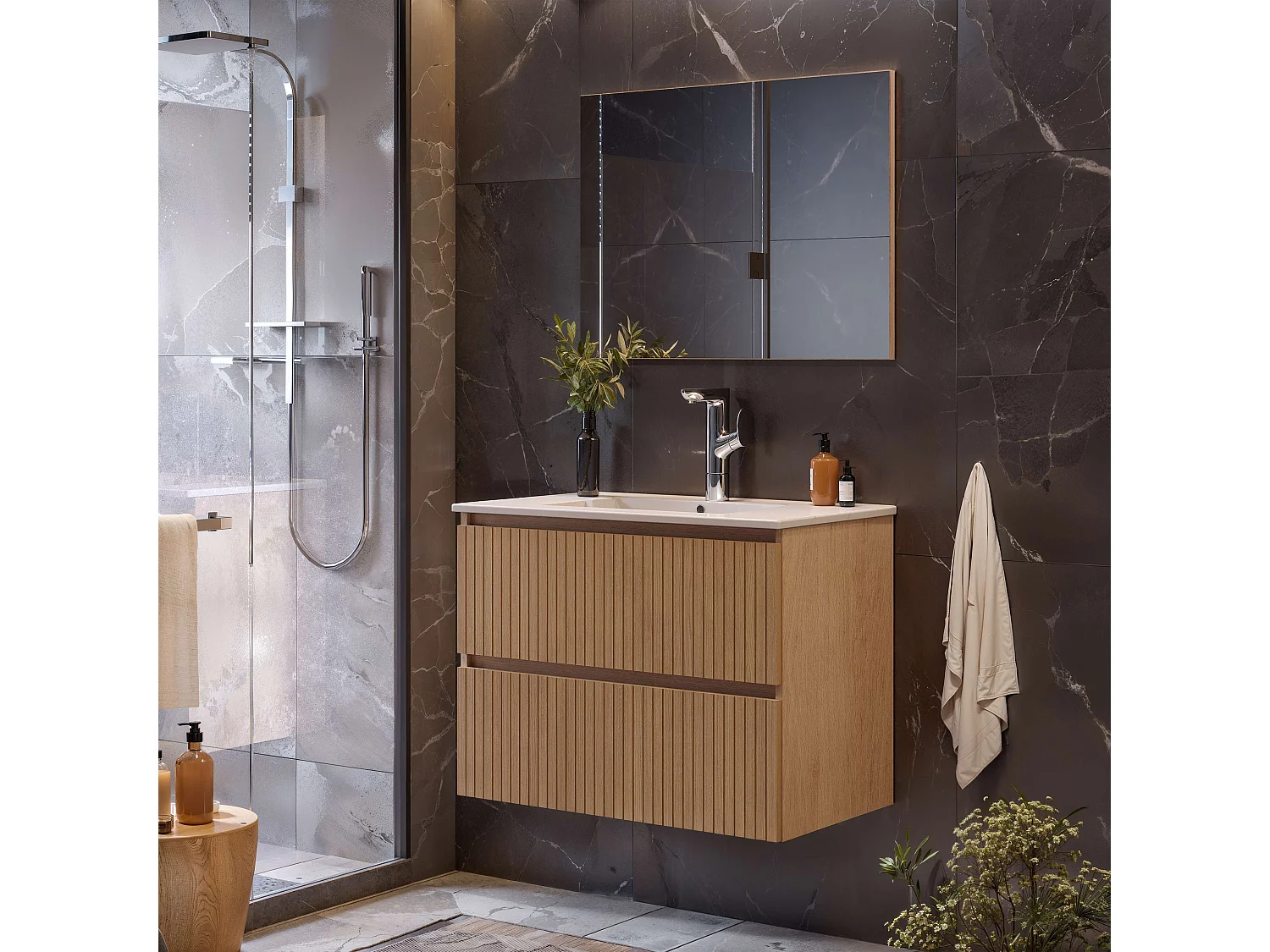 Meuble de salle de bain LETA 2 tiroirs 80 cm chêne T-BATH Inclus lavabo et miroir