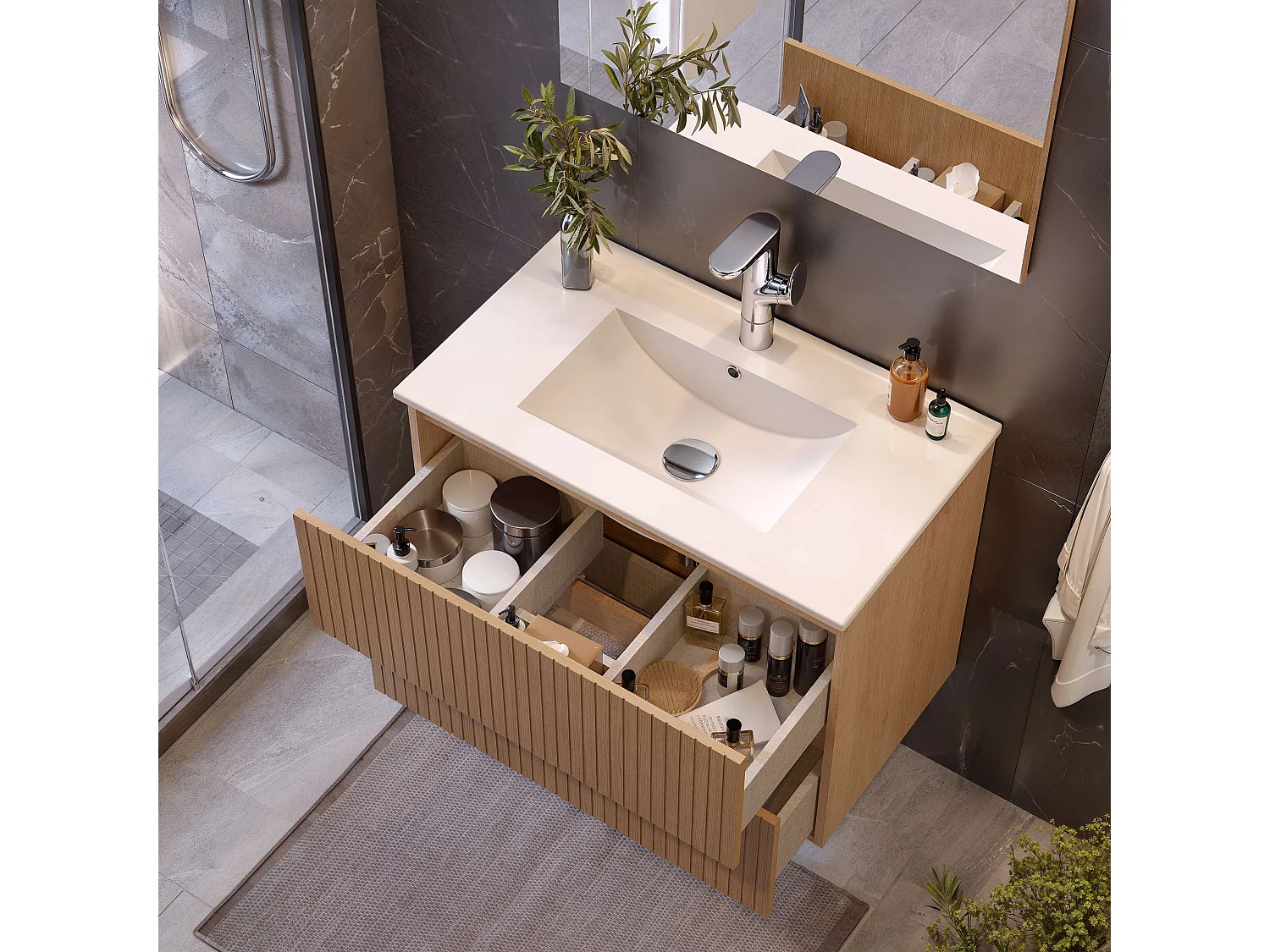Meuble de salle de bain LETA 2 tiroirs 80 cm chêne T-BATH Inclus lavabo et miroir
