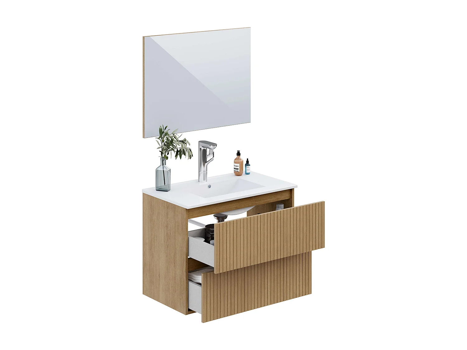 Meuble de salle de bain LETA 2 tiroirs 80 cm chêne T-BATH Inclus lavabo et miroir