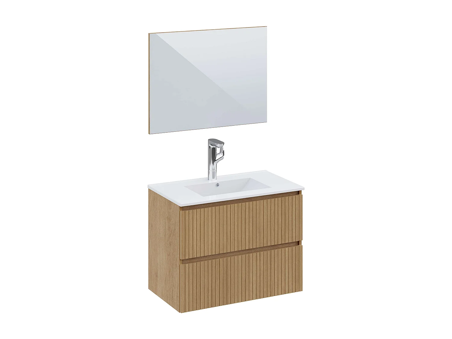 Meuble de salle de bain LETA 2 tiroirs 80 cm chêne T-BATH Inclus lavabo et miroir