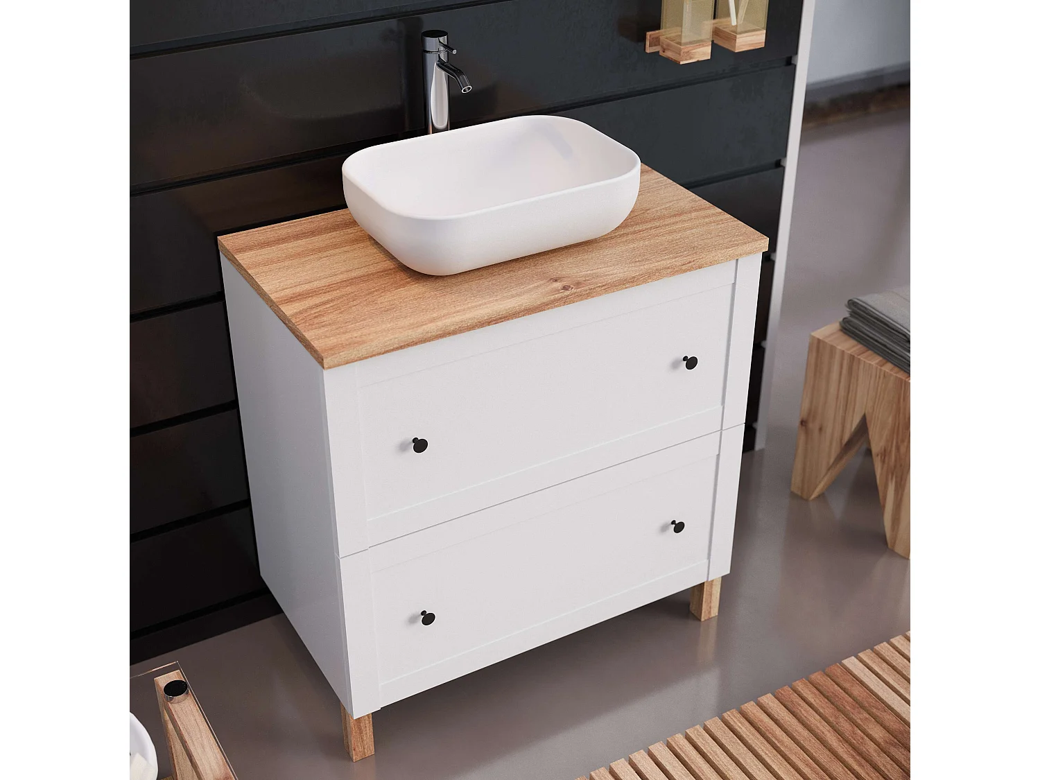 Meuble de salle de bain SAVAN 2 tiroirs 80 cm blanc T-BATH Inclus lavabo