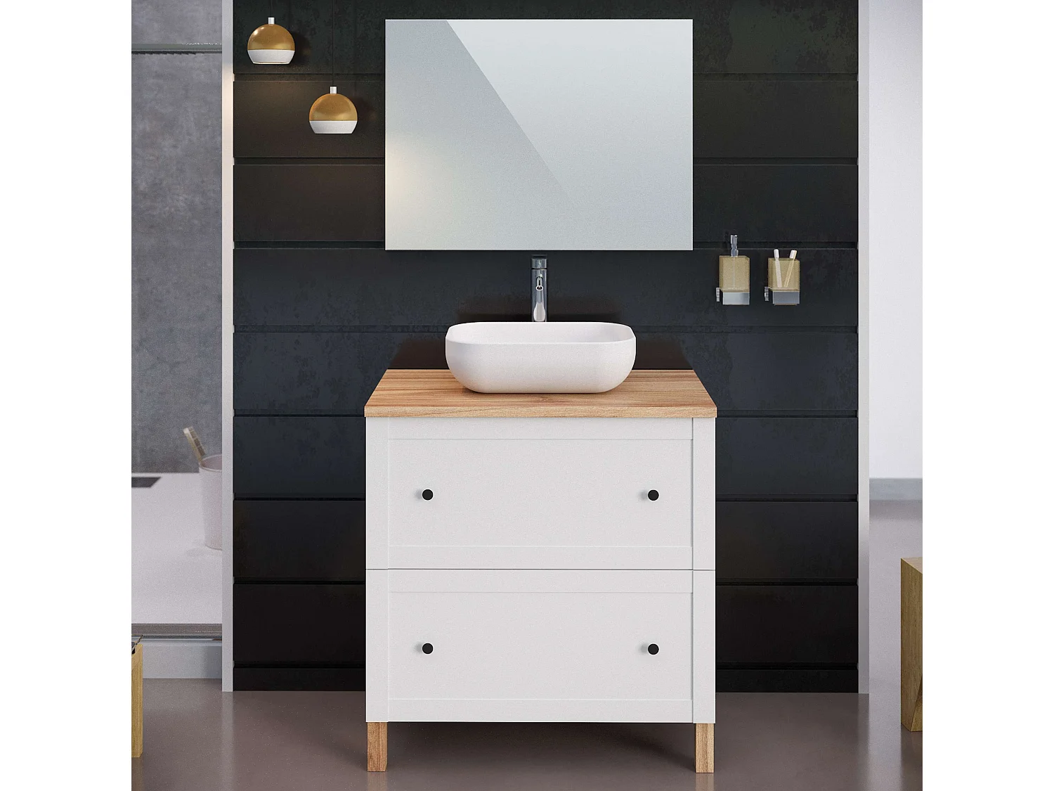 Meuble de salle de bain SAVAN 2 tiroirs 80 cm blanc T-BATH Inclus lavabo