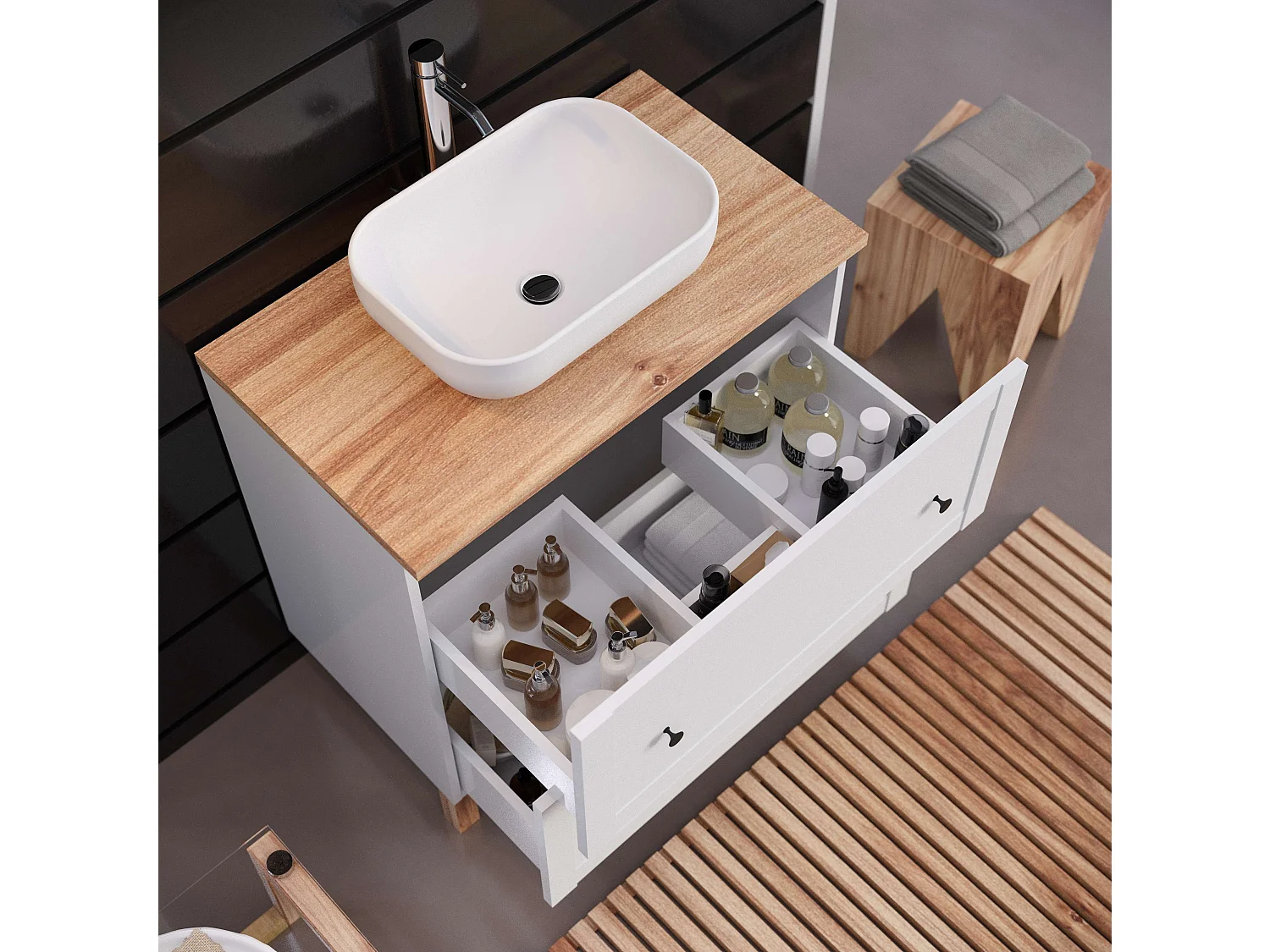 Meuble de salle de bain SAVAN 2 tiroirs 80 cm blanc T-BATH Inclus lavabo
