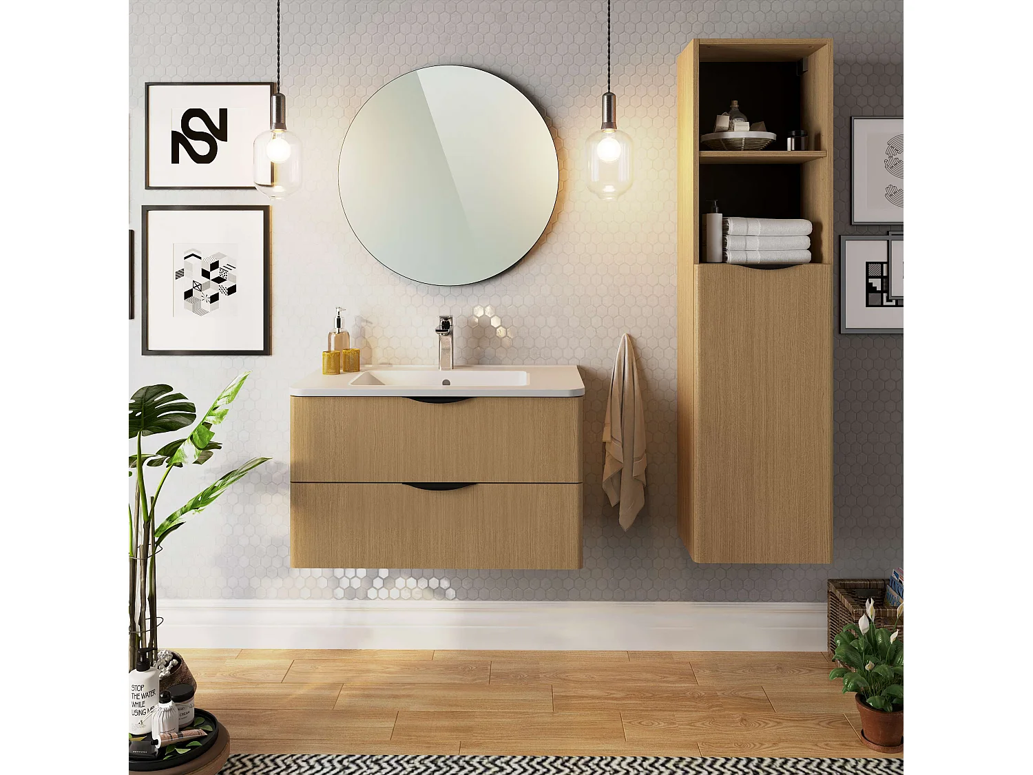 Meuble de salle de bain DOVRE 2 tiroirs 80 cm chêne T-BATH Inclus lavabo