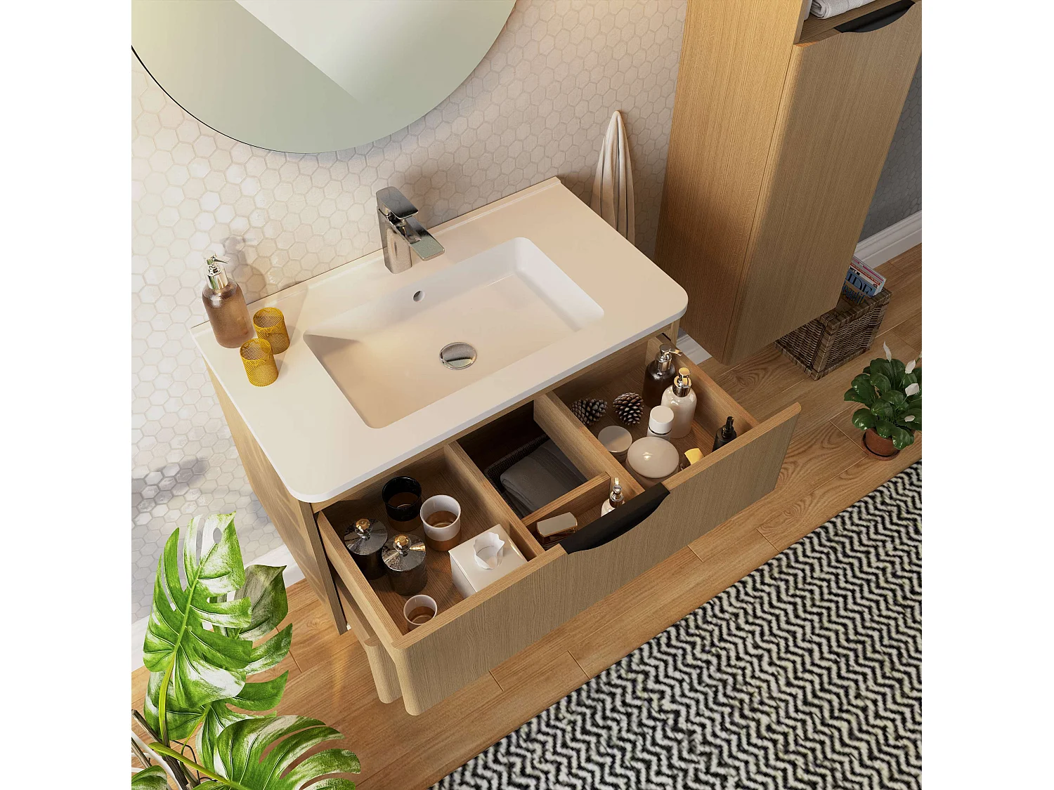 Meuble de salle de bain DOVRE 2 tiroirs 80 cm chêne T-BATH Inclus lavabo