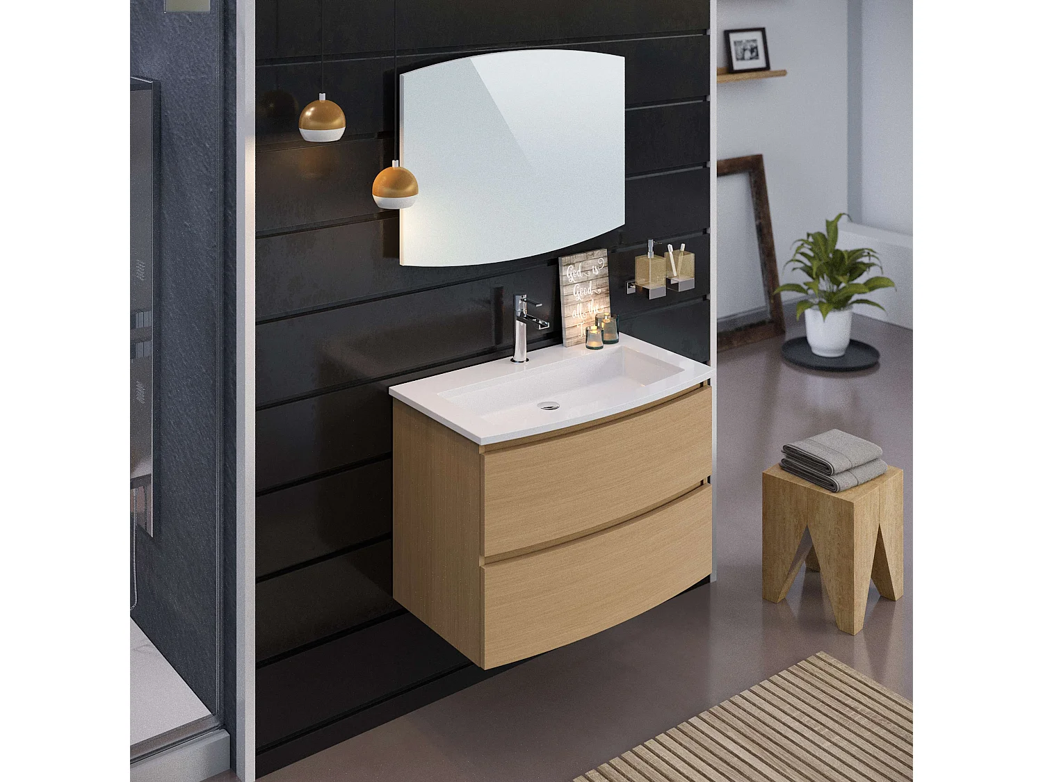 Meuble de salle de bain SAND 2 tiroirs 80 cm chêne T-BATH Inclus lavabo