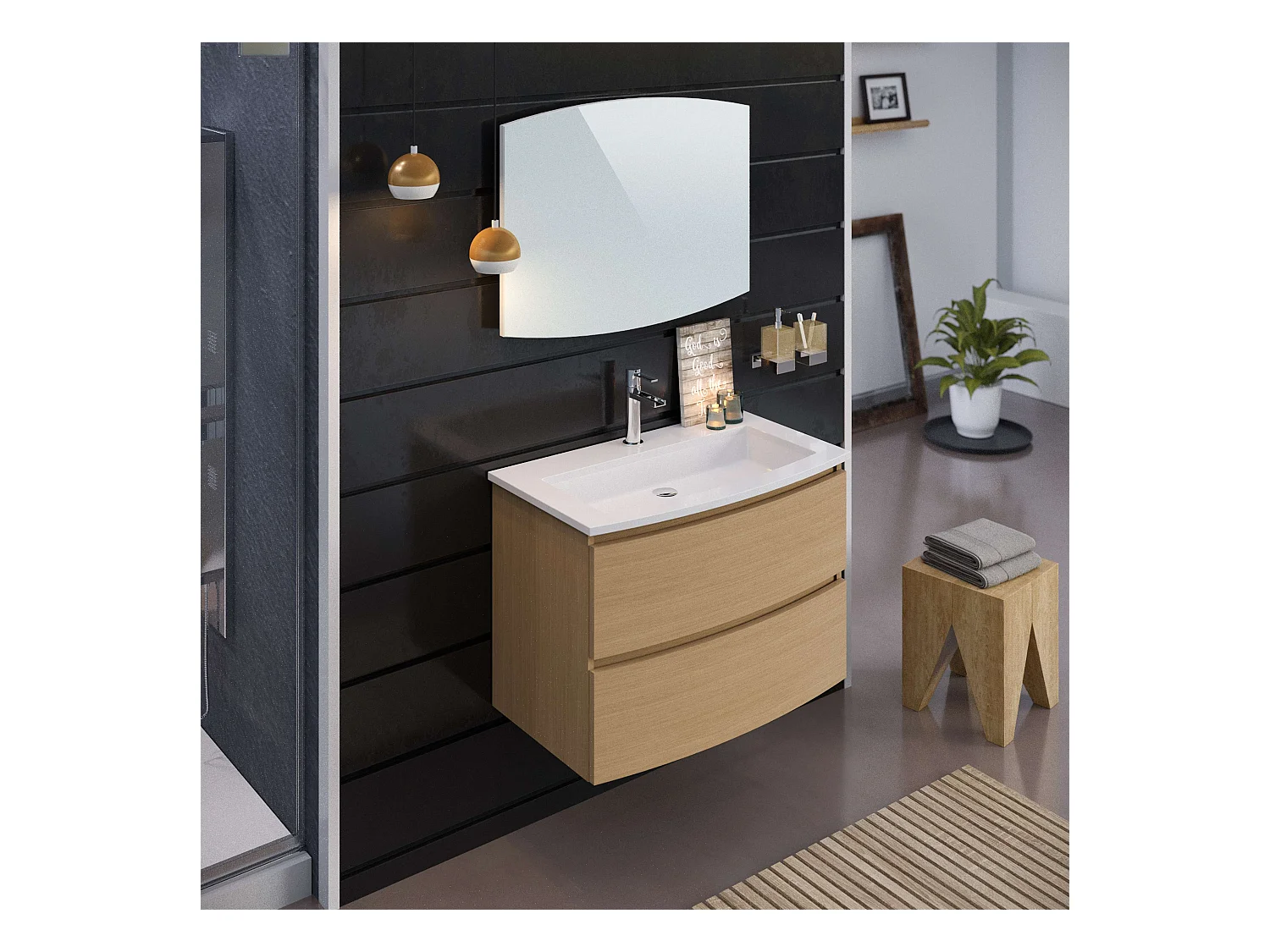 Meuble de salle de bain SAND 2 tiroirs 80 cm chêne T-BATH Inclus lavabo