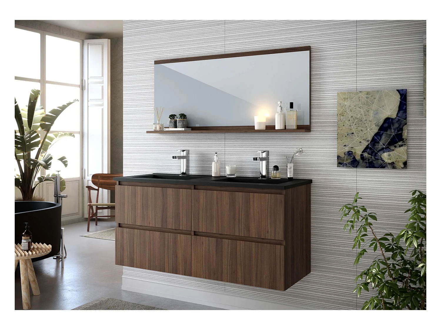 Meuble de salle de bain ORON 4 tiroirs 120 cm noyer T-BATH Inclus lavabo