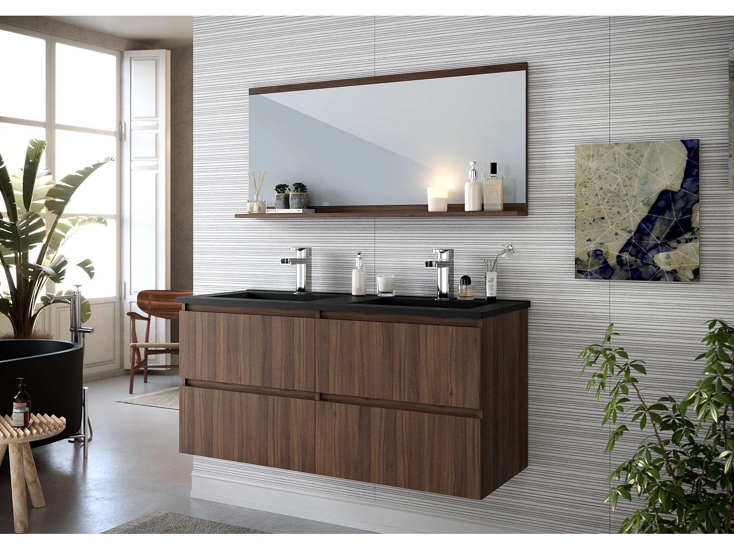 Meuble de salle de bain ORON 4 tiroirs 120 cm noyer T-BATH Inclus lavabo