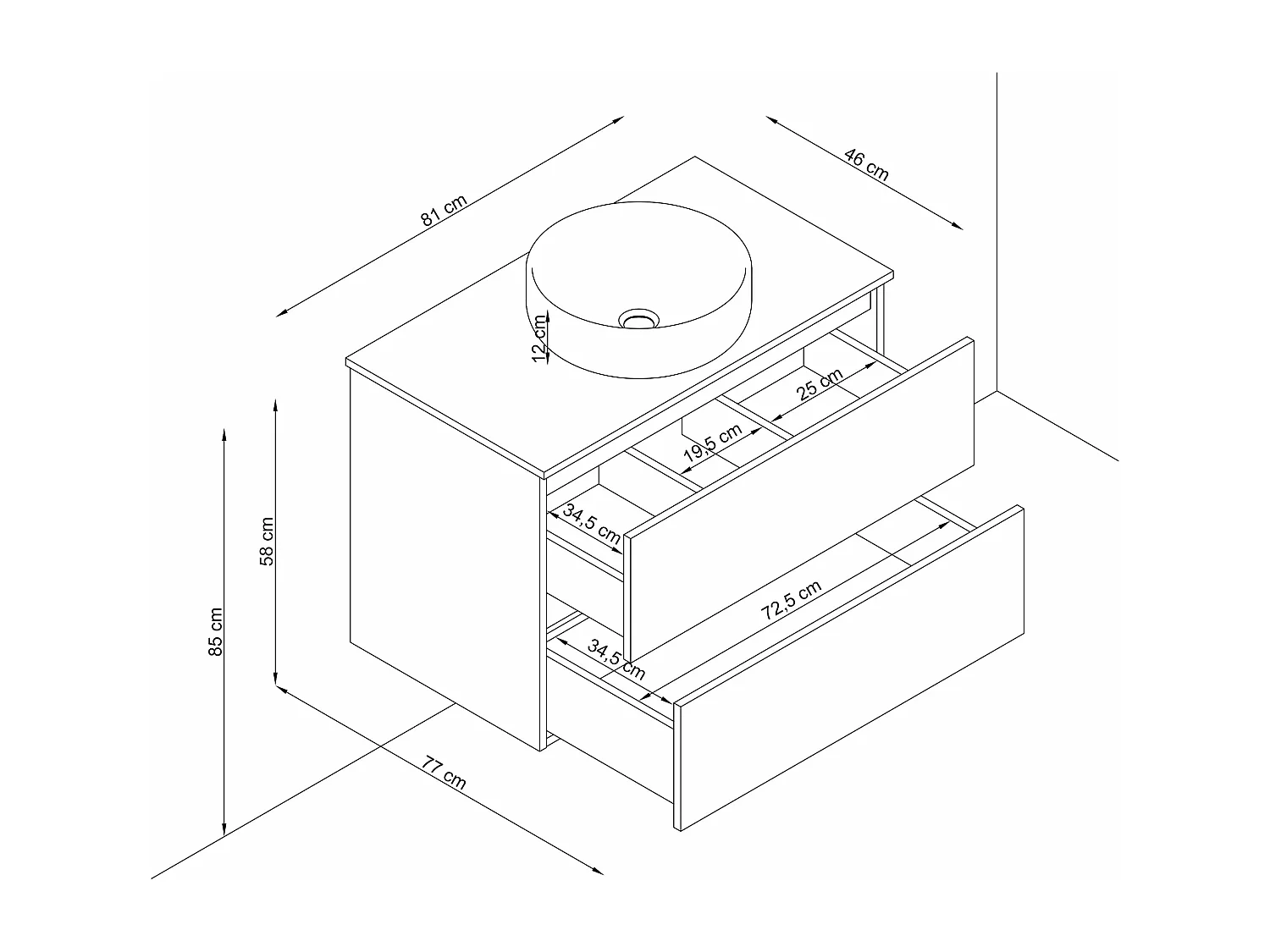 Meuble de salle de bain ORON 2 tiroirs 80 cm noyer T-BATH Inclus lavabo