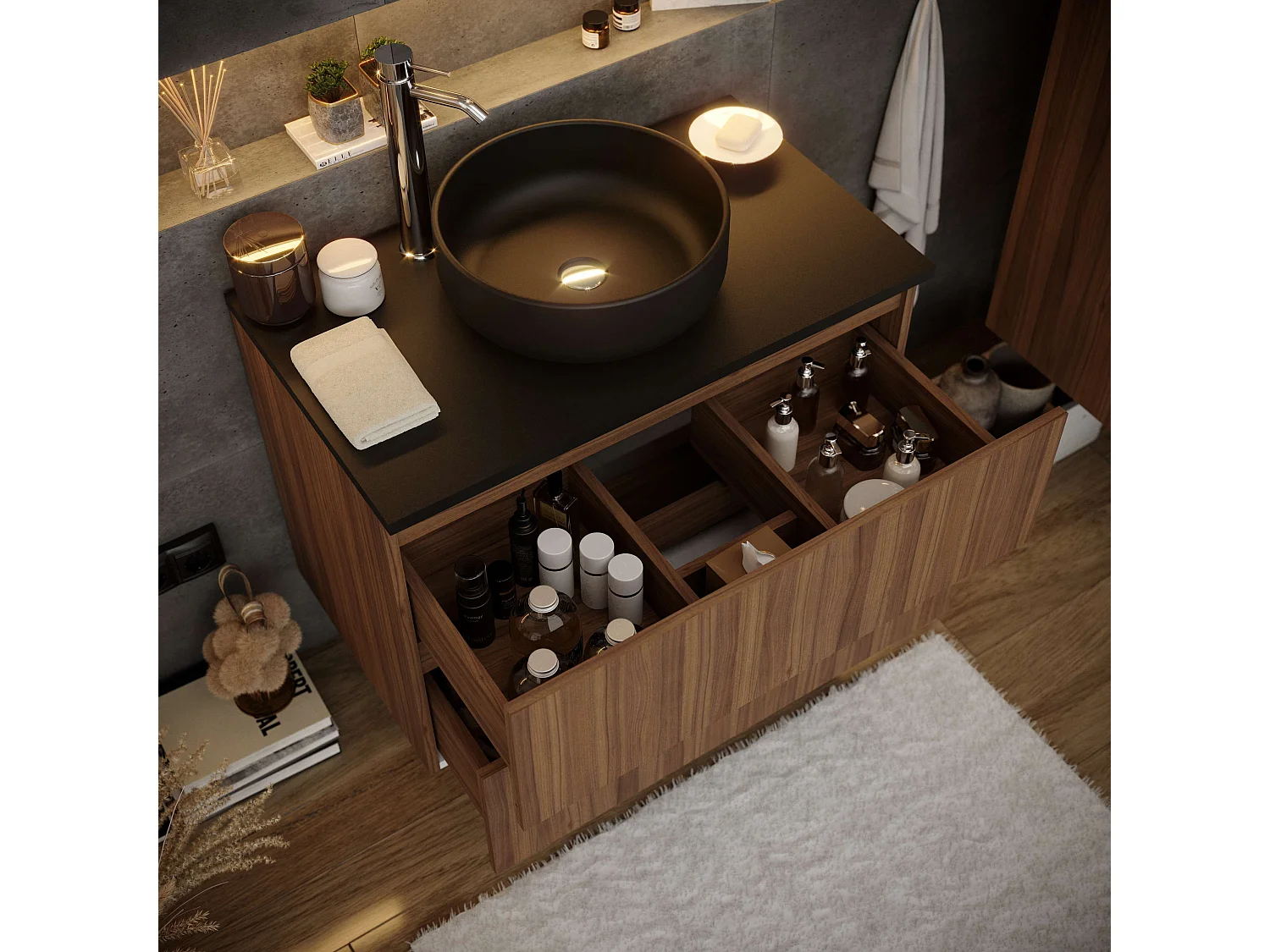 Meuble de salle de bain ORON 2 tiroirs 80 cm noyer T-BATH Inclus lavabo