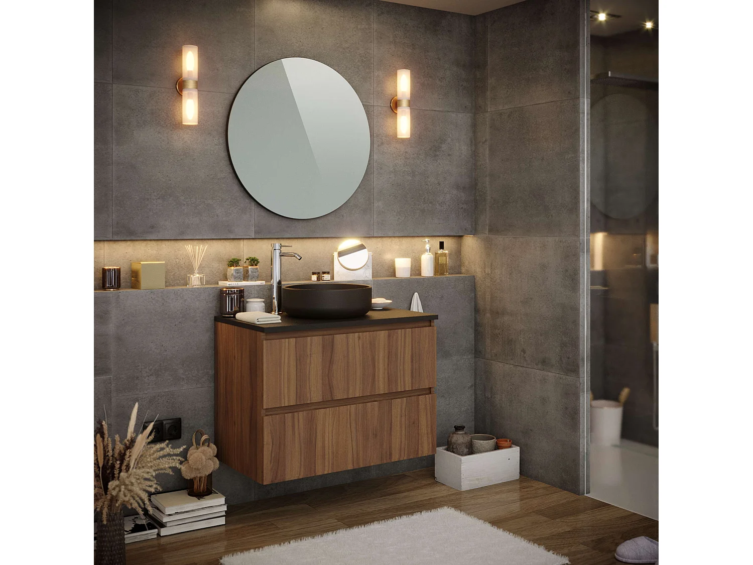 Meuble de salle de bain ORON 2 tiroirs 80 cm noyer T-BATH Inclus lavabo