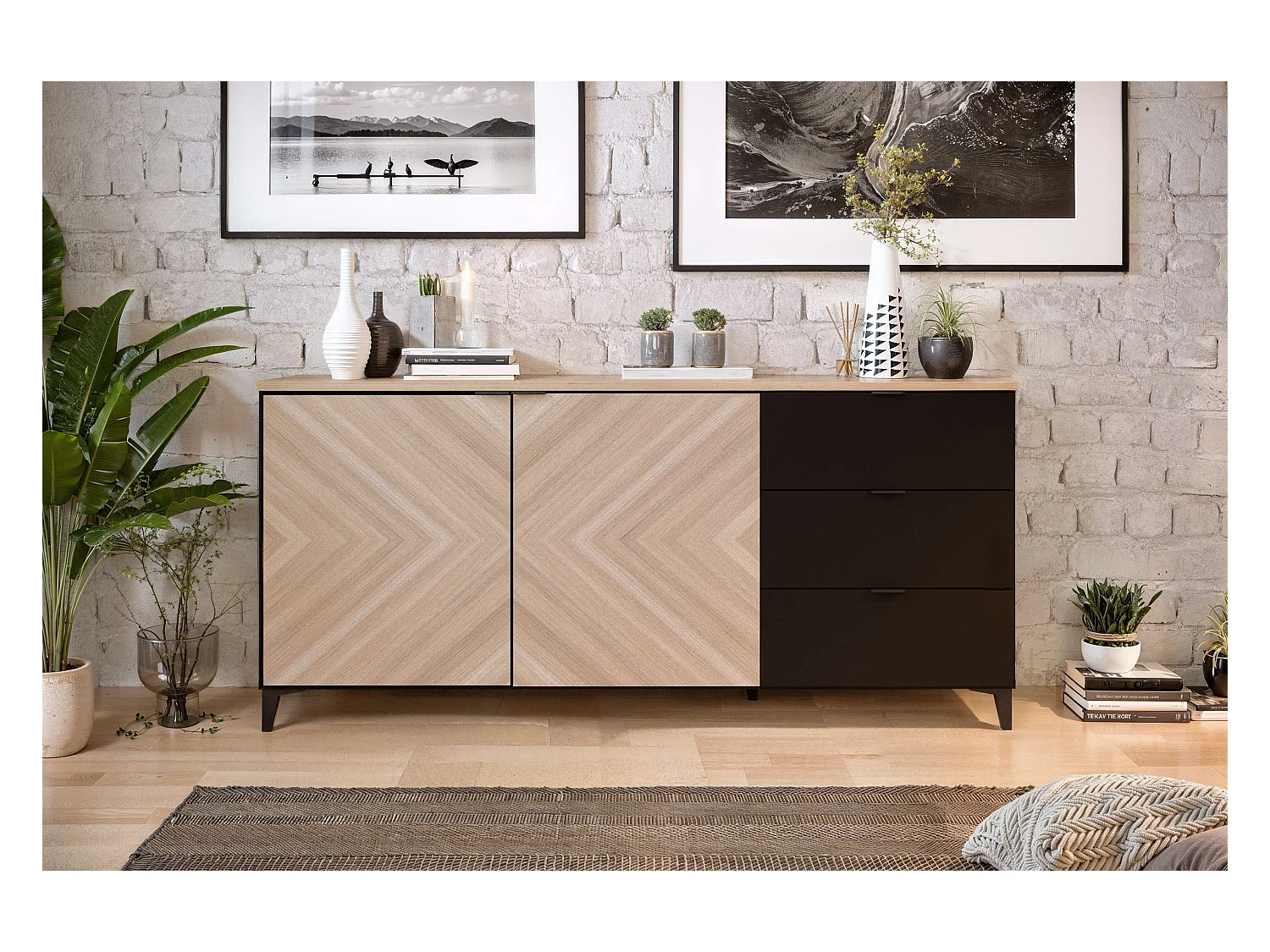 Buffet Neo 2 portes 3 tiroirs 83,5x180x44 cm noir et chêne TALESA