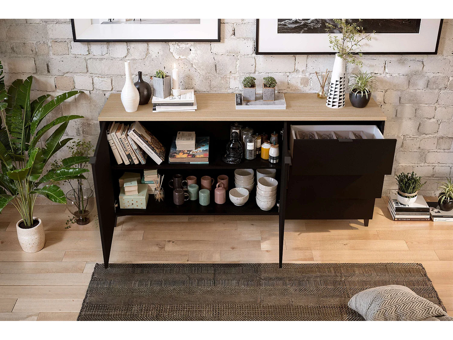 Buffet Neo 2 portes 3 tiroirs 83,5x180x44 cm noir et chêne TALESA