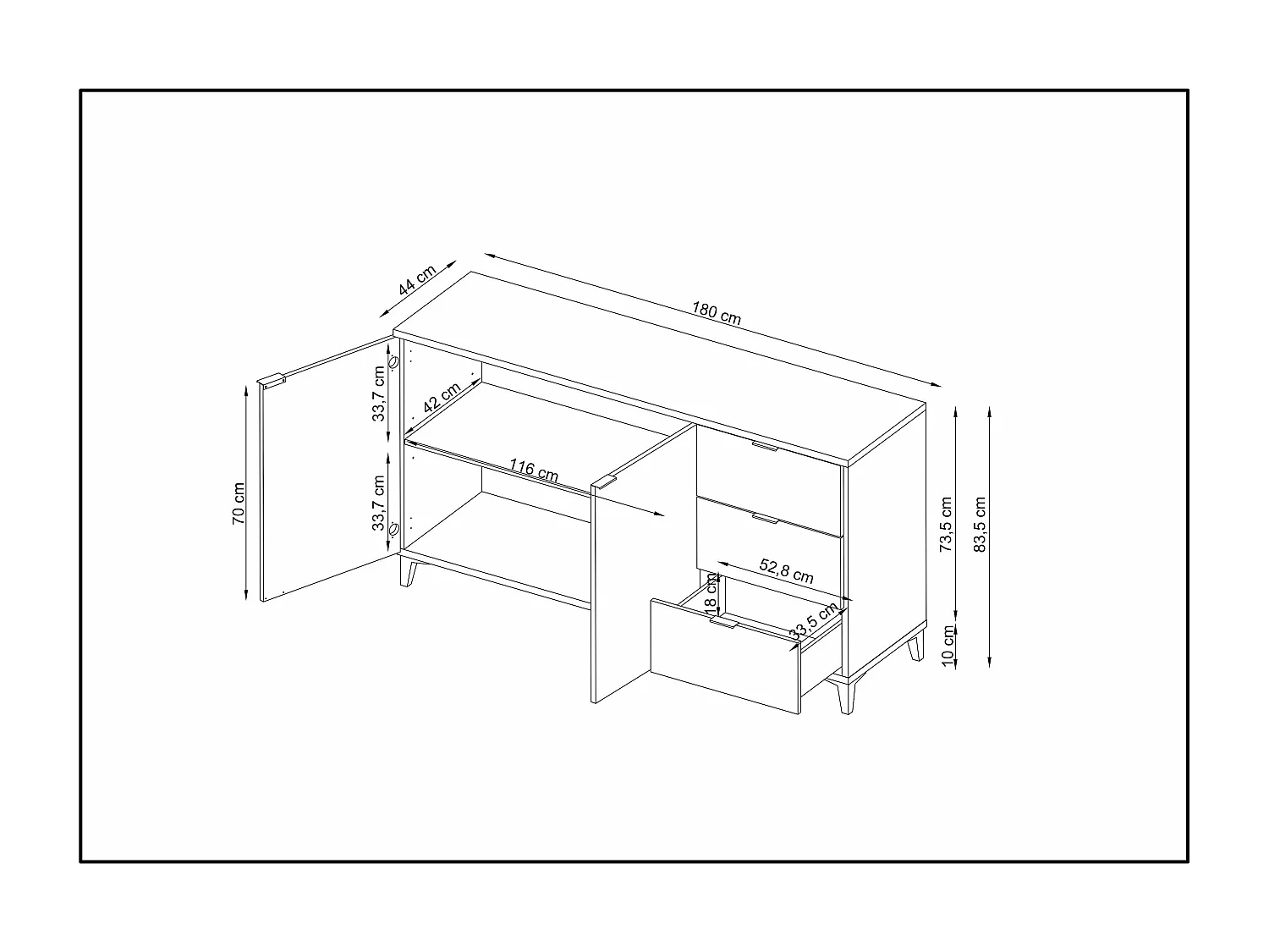 Buffet Neo 2 portes 3 tiroirs 83,5x180x44 cm noir et chêne TALESA