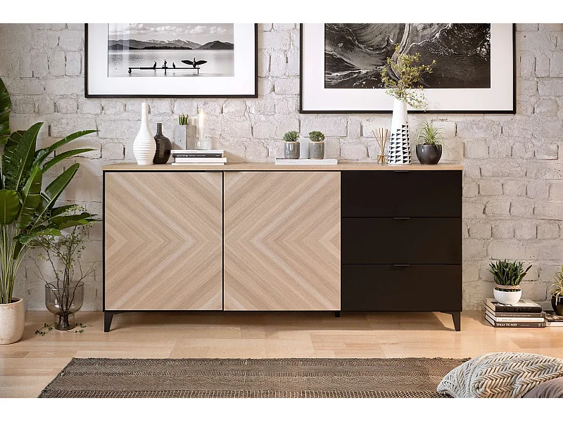 Buffet Neo 2 portes 3 tiroirs 83,5x180x44 cm noir et chêne TALESA