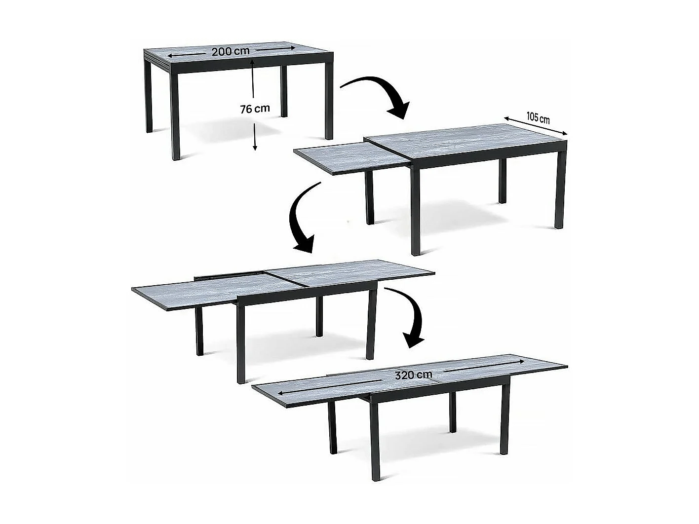 Conjunto de jardim extensível "Lagos" - Mesa 200/320 x 105 cm - 10 cadeiras - Preto